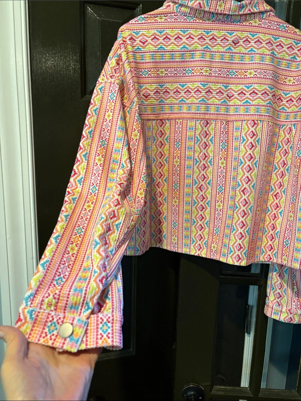 Savanna Jane Pink Multicolor Patterned Cropped Jean Jacket